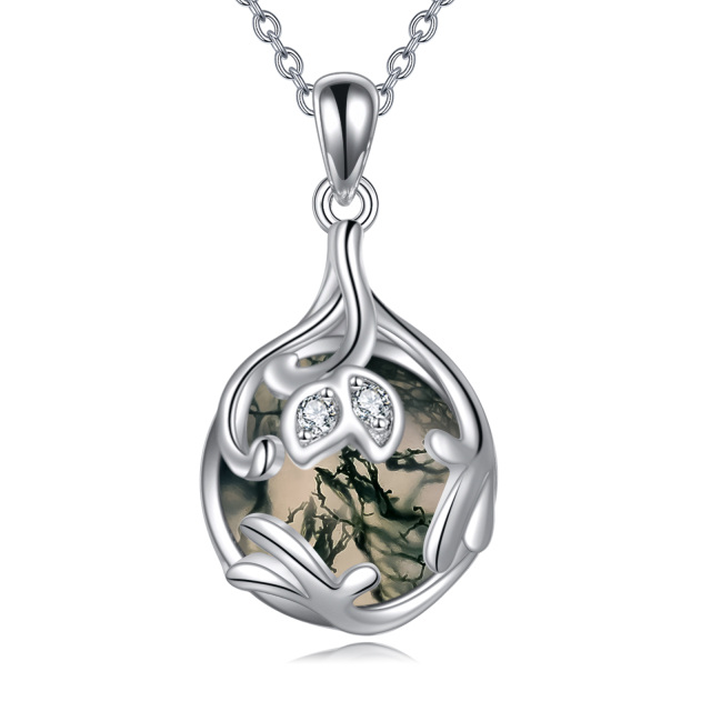 Sterling Silver Circular Shaped Moss Agate Round Pendant Necklace-0