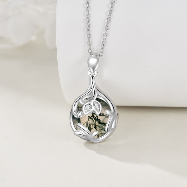 Sterling Silver Circular Shaped Moss Agate Round Pendant Necklace-2