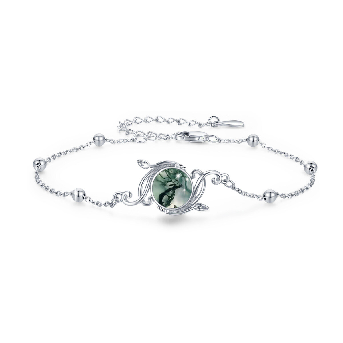 Sterling Silver Circular Shaped Moss Agate Ivy Pendant Bracelet-1