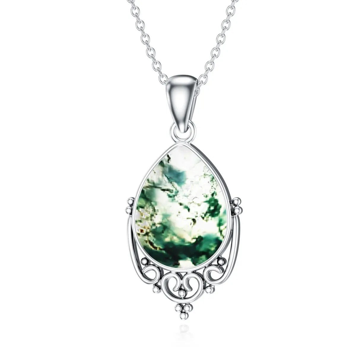 Sterling Silver Moss Agate Pendant Necklace-1