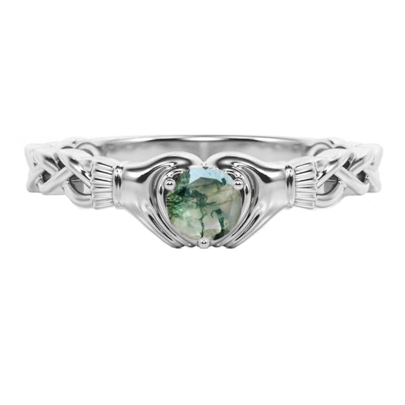 Sterling Silver Moss Agate Heart Engagement Ring