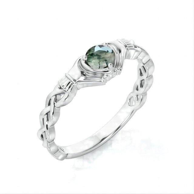 Sterling Silver Moss Agate Heart Engagement Ring-1