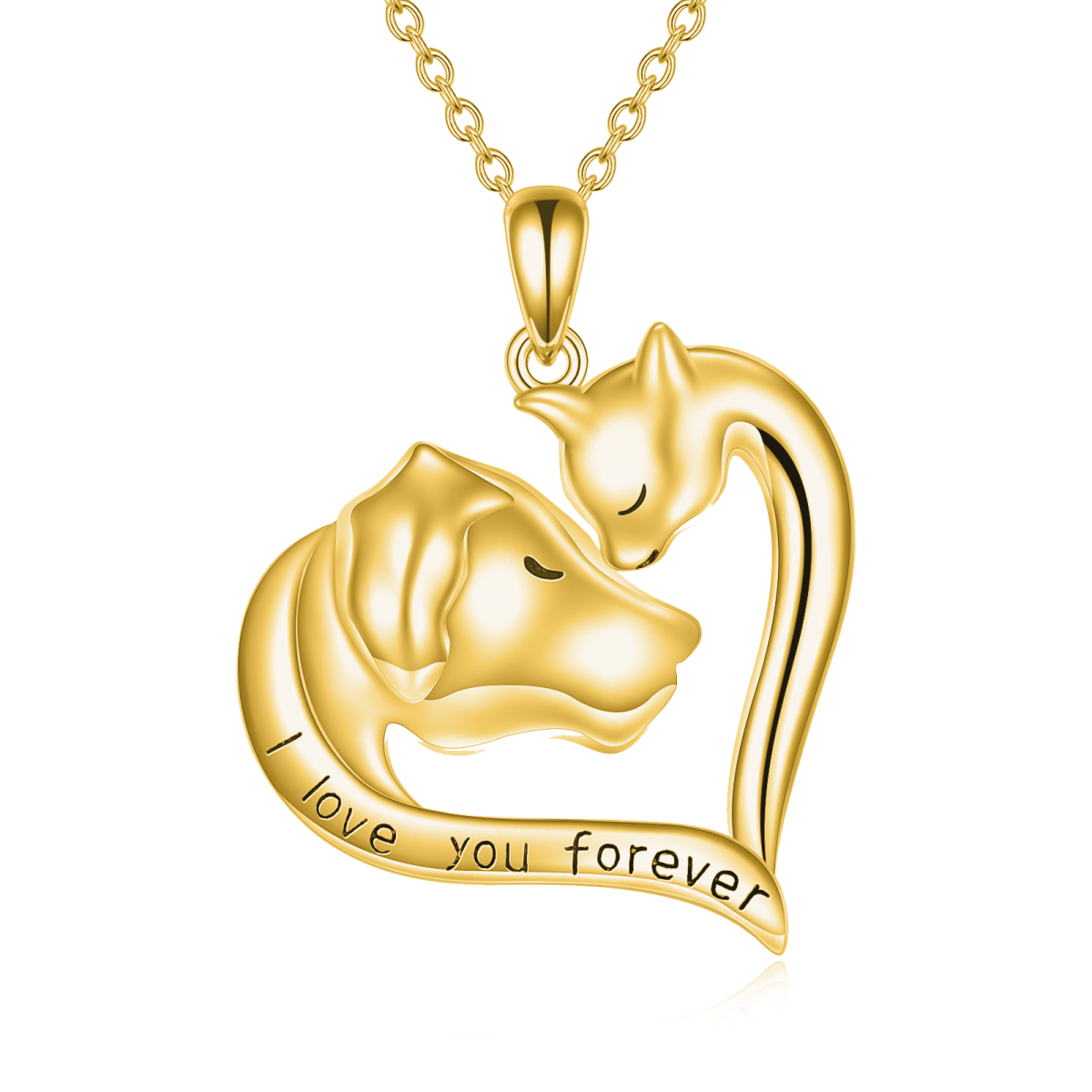 Collier en or 14K avec pendentif chat, chien et coeur avec mot gravé-1