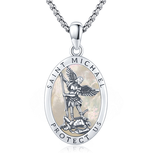 Sterling Silver Oval Shaped Mother Of Pearl Saint Michael Pendant Necklace with Engraved Word for Men-1