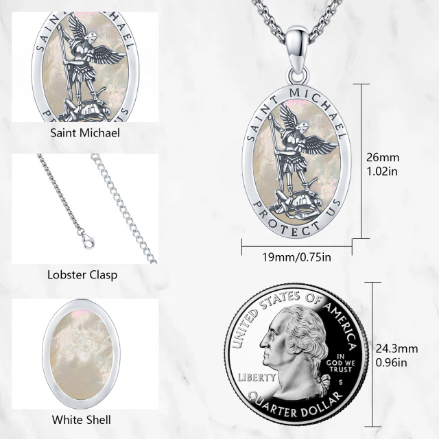 Sterling Silver Oval Shaped Mother Of Pearl Saint Michael Pendant Necklace with Engraved Word for Men-5