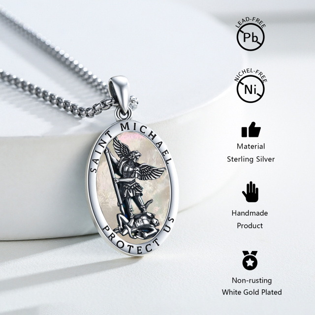 Sterling Silver Oval Shaped Mother Of Pearl Saint Michael Pendant Necklace with Engraved Word for Men-4