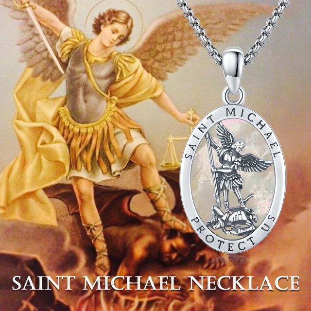 Sterling Silver Oval Shaped Mother Of Pearl Saint Michael Pendant Necklace with Engraved Word for Men-6