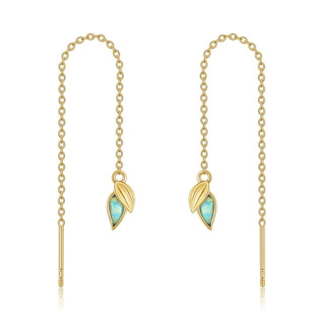 14K Gold Crystal Leaves Drop Earrings-1