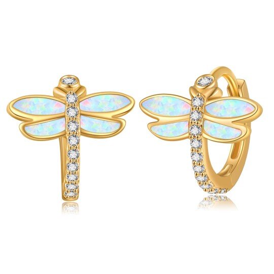 14K Yellow Gold Circular Cubic Zirconia Dragonfly Hoop Earrings