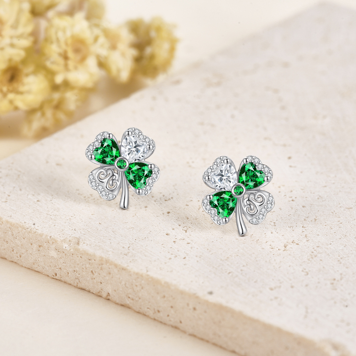 Sterling Silver Heart Shaped Cubic Zirconia Four Leaf Clover Stud Earrings-3