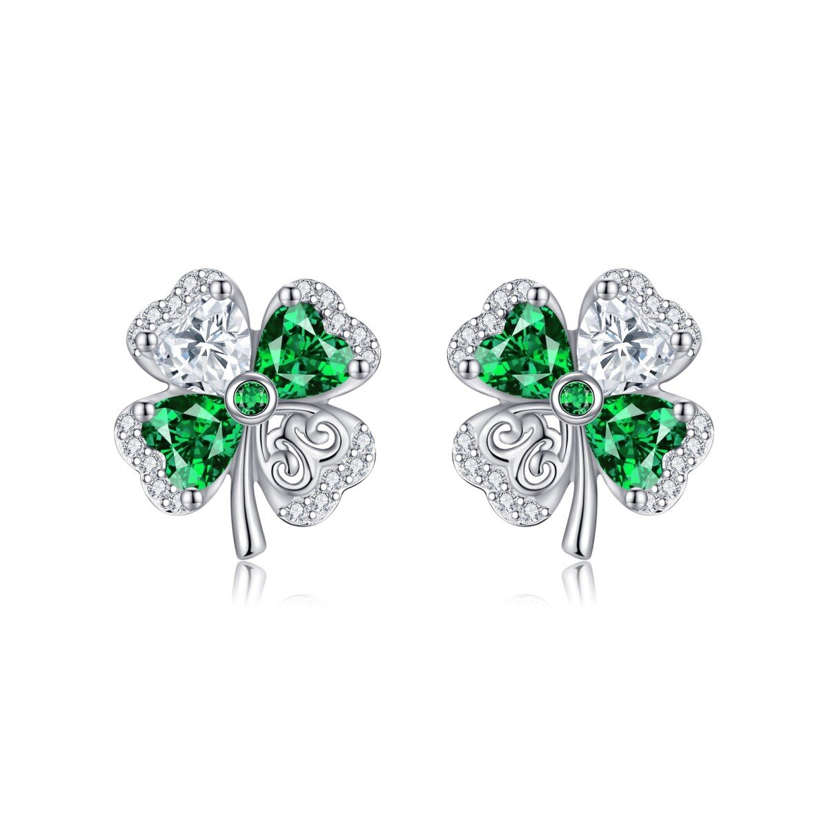 Sterling Silver Heart Shaped Cubic Zirconia Four Leaf Clover Stud Earrings-1