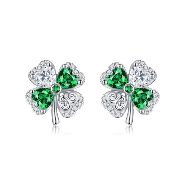 Sterling Silver Heart Shaped Cubic Zirconia Four Leaf Clover Stud Earrings-1