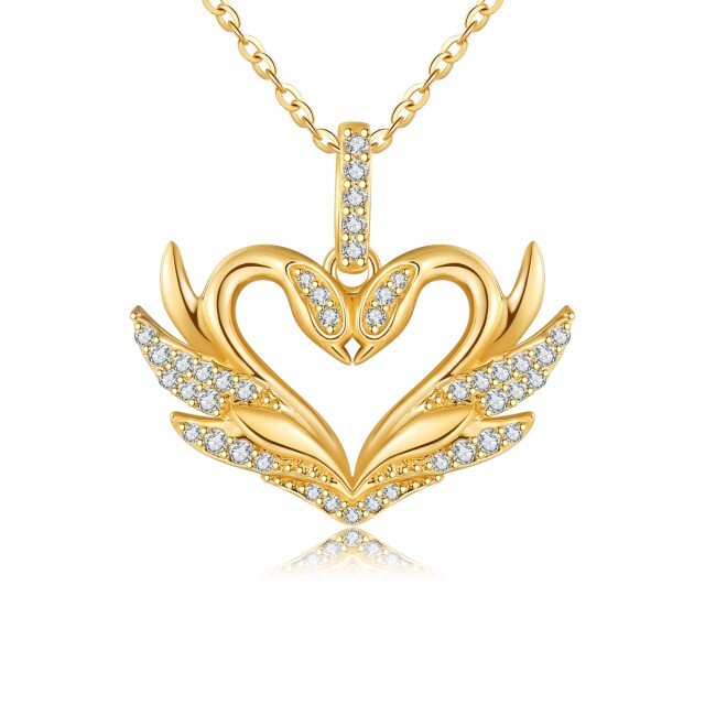 14K Yellow Gold Circular Moissanite Swan & Heart Pendant Necklace-1