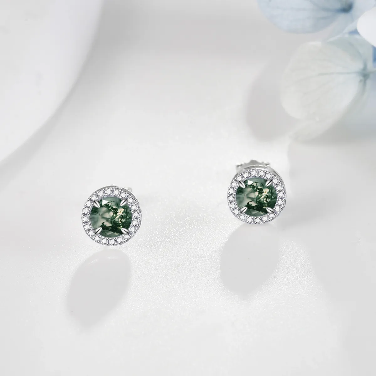 Sterling Silver Moss Agate Round Stud Earrings-3