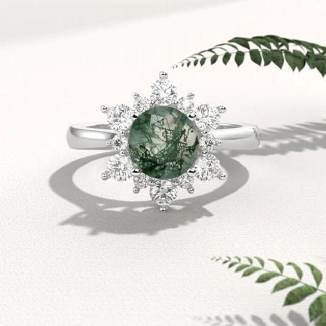 Sterling Silver Moss Agate Sun Engagement Ring-2