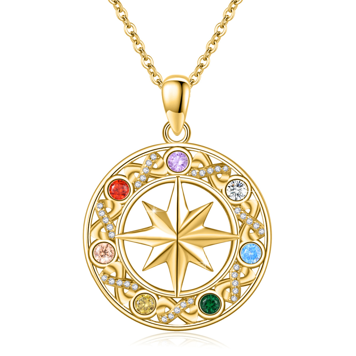 Sterling Silver with Yellow Gold Plated Round Zircon Chakras & Compass Pendant Necklace-1