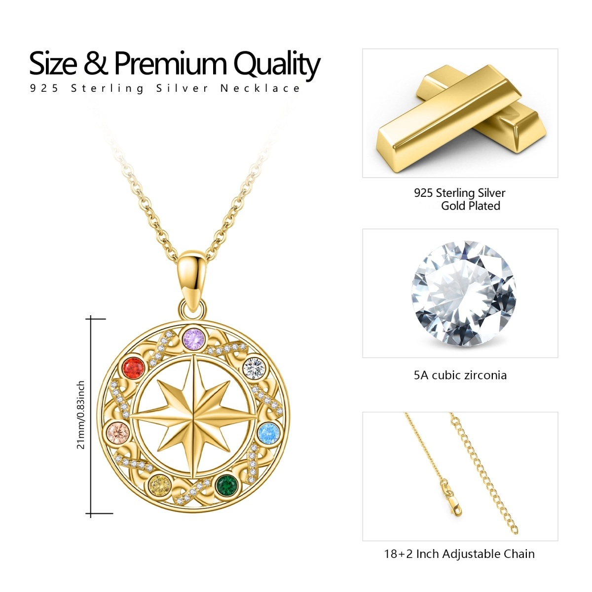 Sterling Silver with Yellow Gold Plated Round Zircon Chakras & Compass Pendant Necklace-4