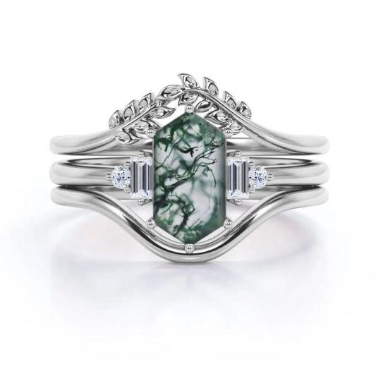 Sterling Silver Moss Agate Square Engagement Ring