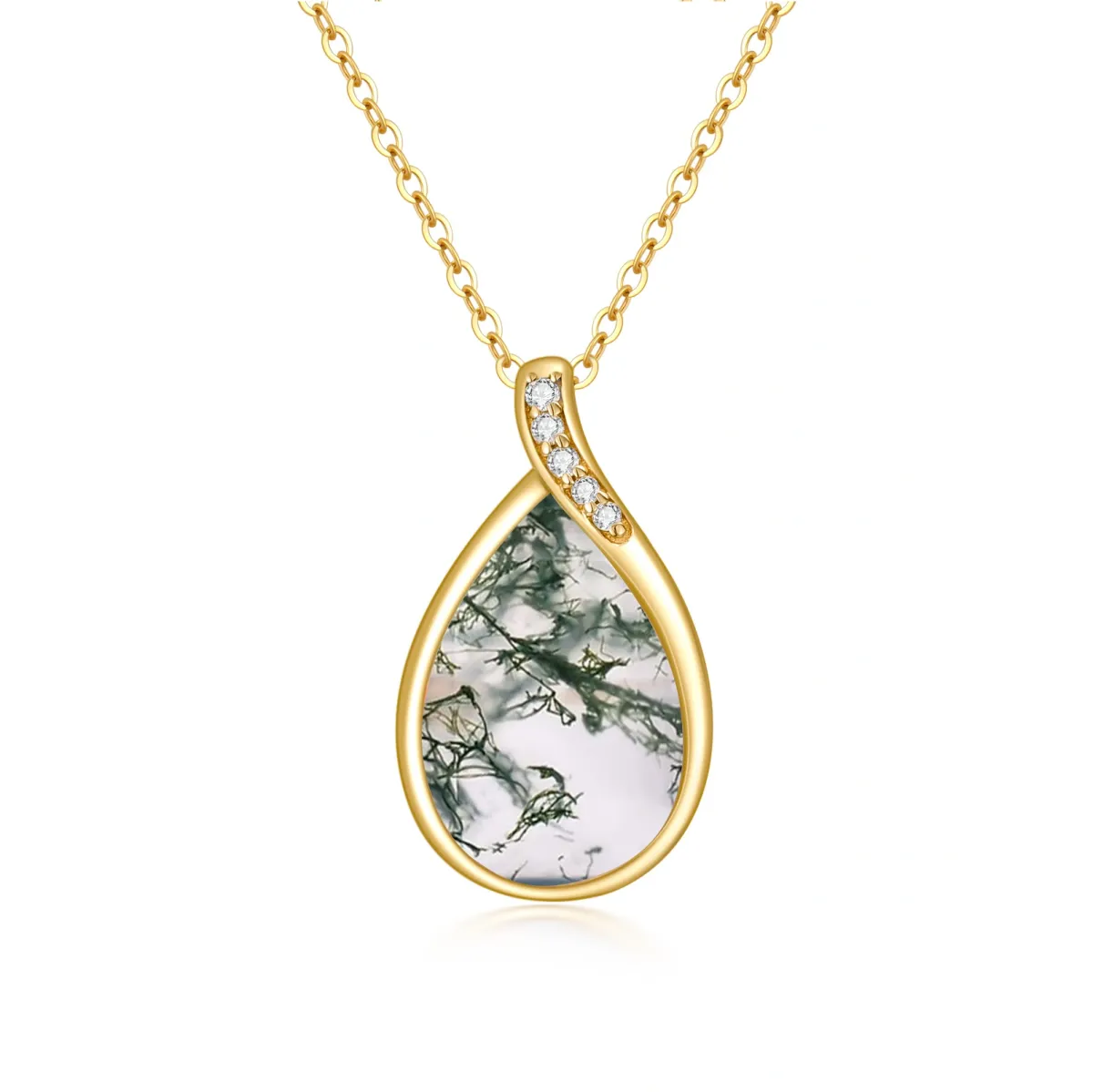 14K Gold Pear Shaped Moss Agate Drop Shape Pendant Necklace-1