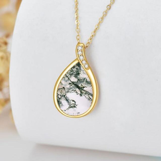 14K Gold Pear Shaped Moss Agate Drop Shape Pendant Necklace-2