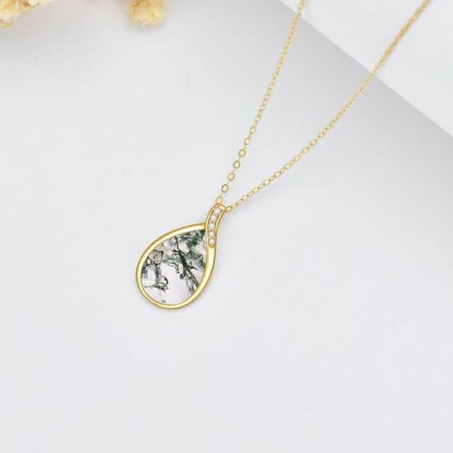 14K Gold Pear Shaped Moss Agate Drop Shape Pendant Necklace-3