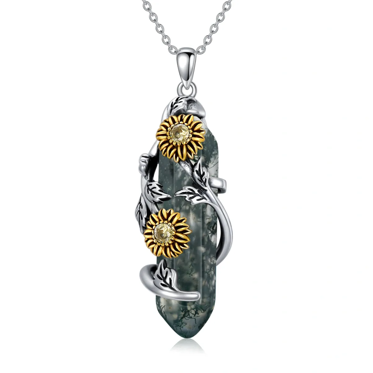 Sterling Silver Moss Agate Leaves & Sunflower Pendant Necklace-1