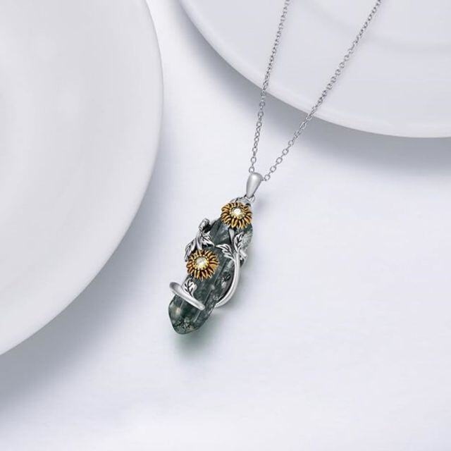 Sterling Silver Moss Agate Leaves & Sunflower Pendant Necklace-2