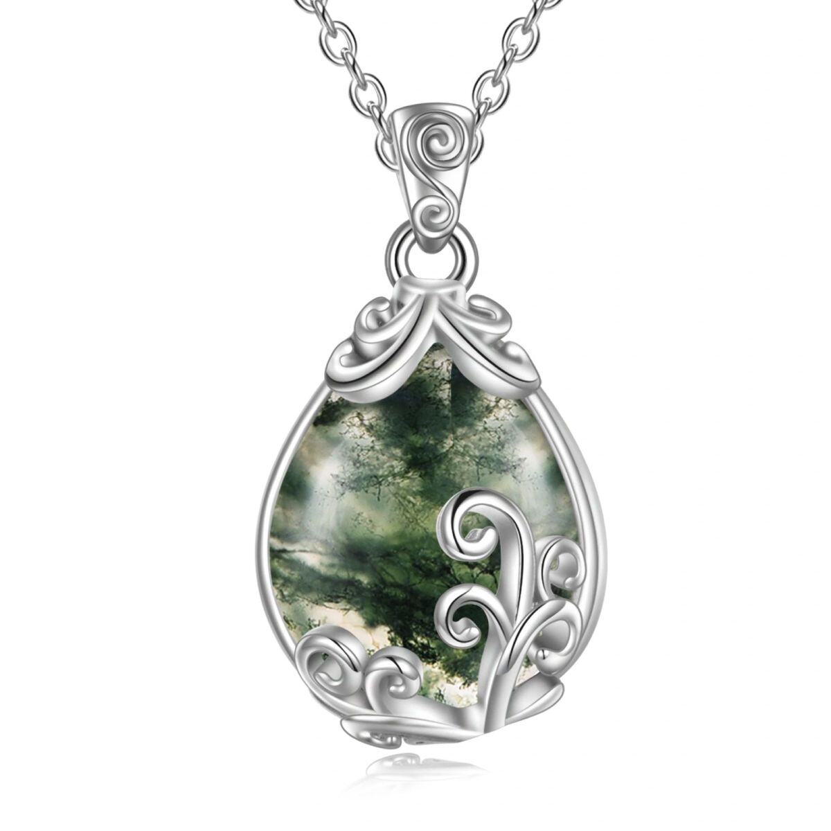 Sterling Silver Moss Agate Drop Shape Pendant Necklace-1
