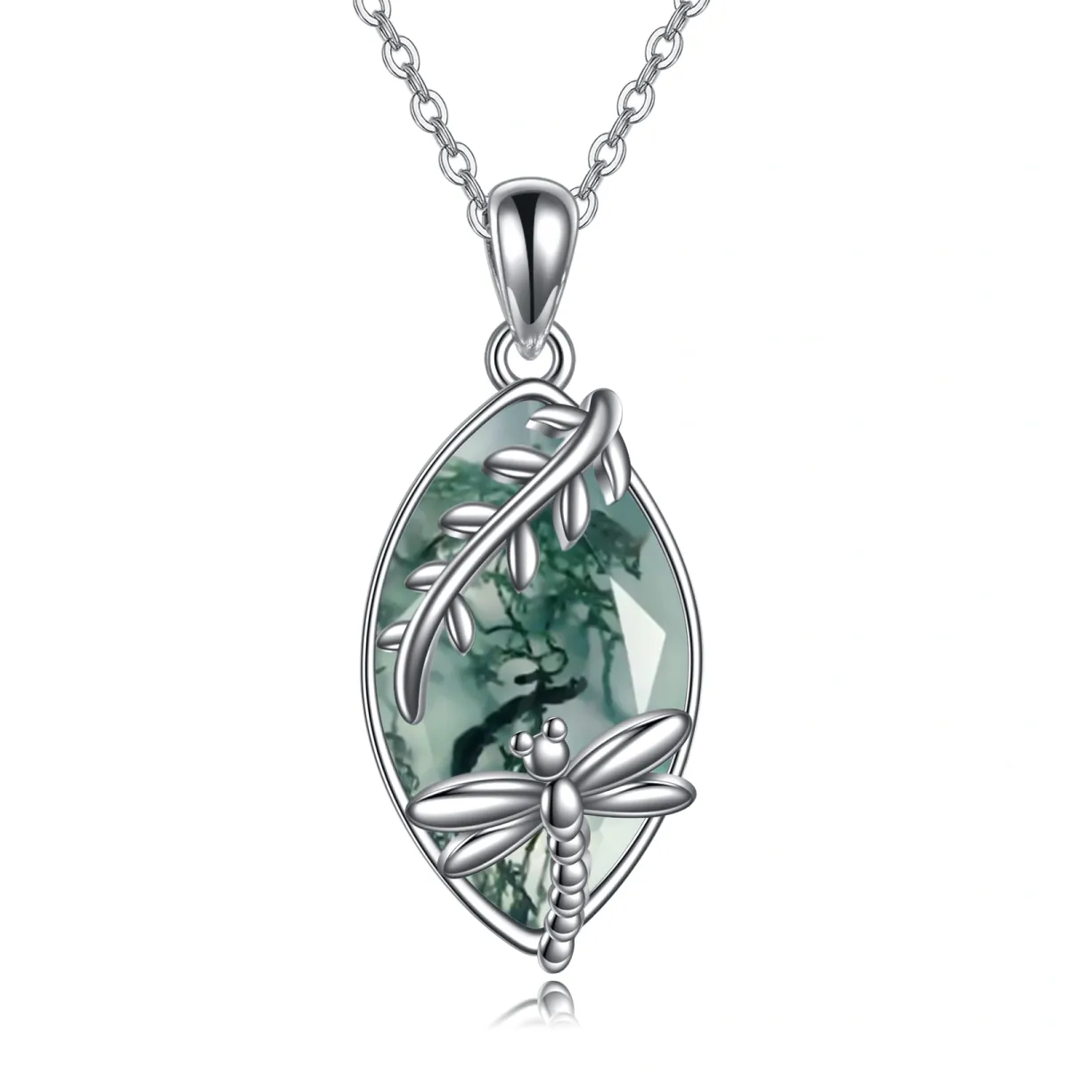 Sterling Silver Moss Agate Dragonfly Pendant Necklace-1