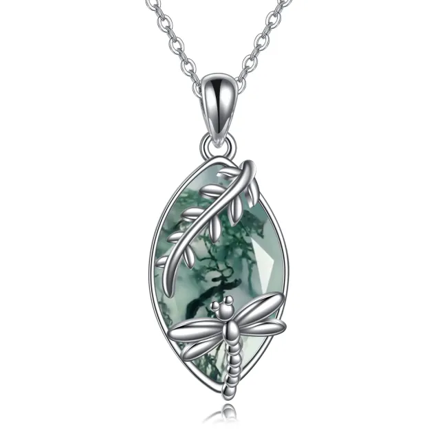Sterling Silver Moss Agate Dragonfly Pendant Necklace-0