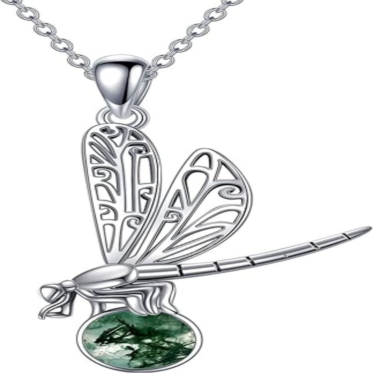 Sterling Silver Circular Shaped Moss Agate Dragonfly Pendant Necklace-1