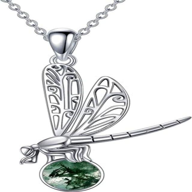 Sterling Silver Circular Shaped Moss Agate Dragonfly Pendant Necklace-2