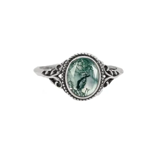 Sterling Silver Moss Agate Oval Shaped Ring