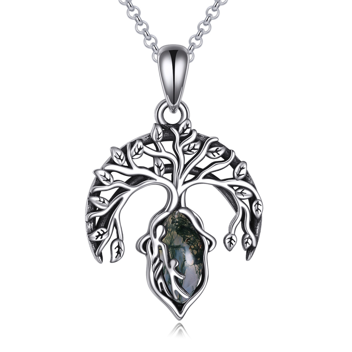 Sterling Silver Moss Agate Tree Of Life & Mother Pendant Necklace-1