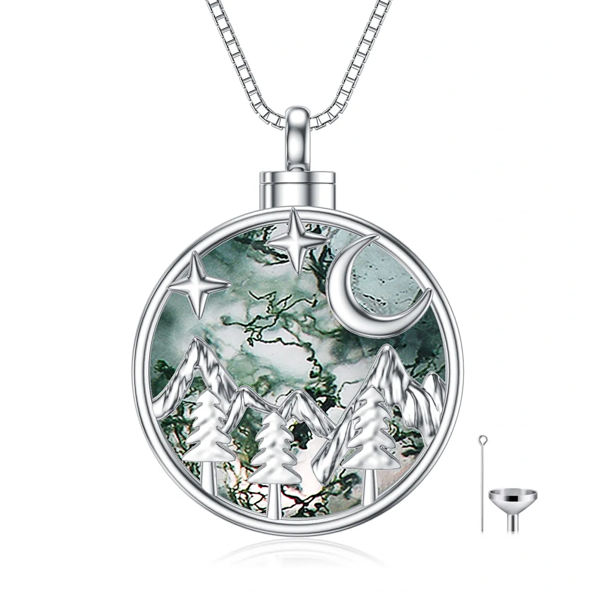 Sterling Silver Circular Shaped Moss Agate Moon & Mountains & Star Urn Necklace for Ashes with Engraved Word-1