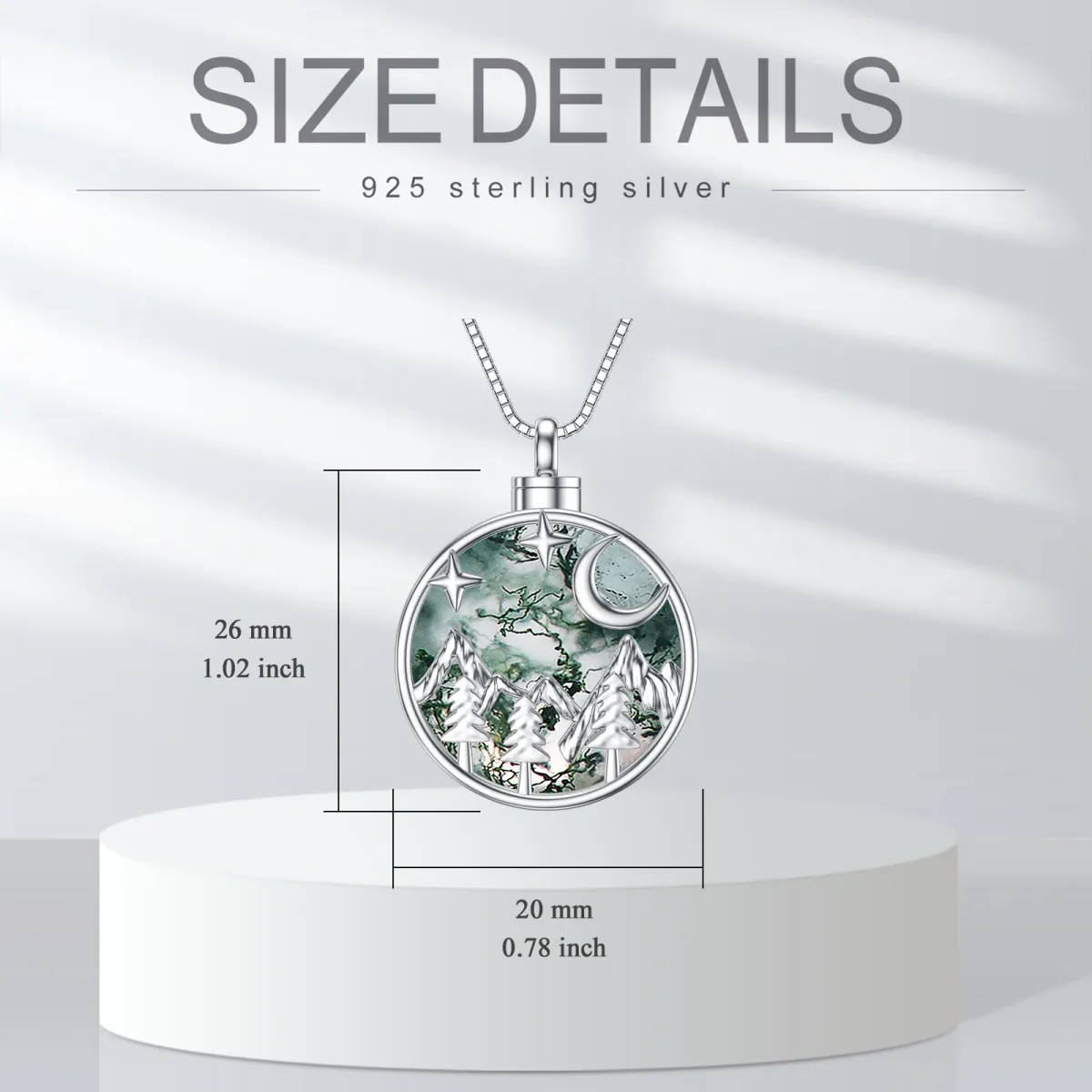 Collar urna de plata de ley con forma circular de ágata musgosa Luna y montañas y estrella-5