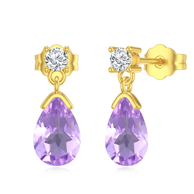 14K Gold Pear Shaped Amethyst Drop Shape Drop Earrings-0