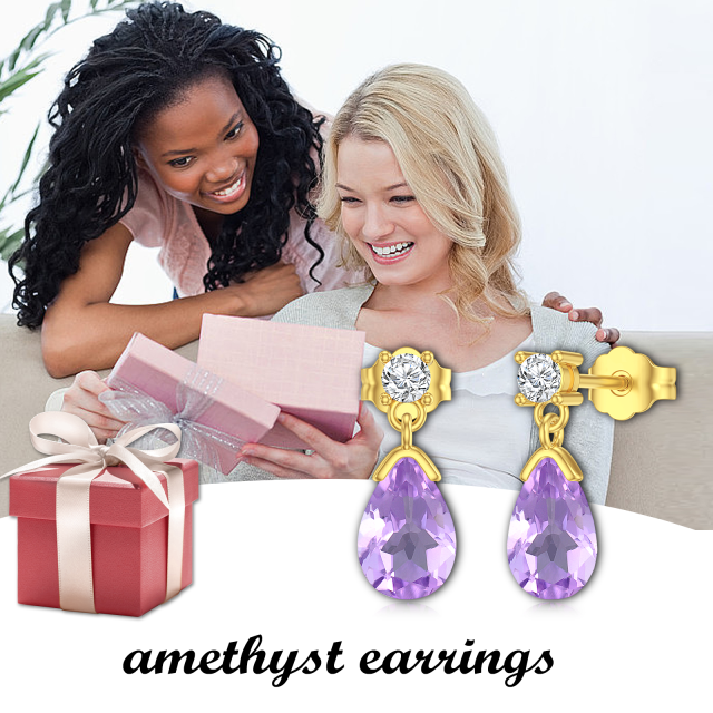 14K Gold Pear Shaped Amethyst Drop Shape Drop Earrings-5