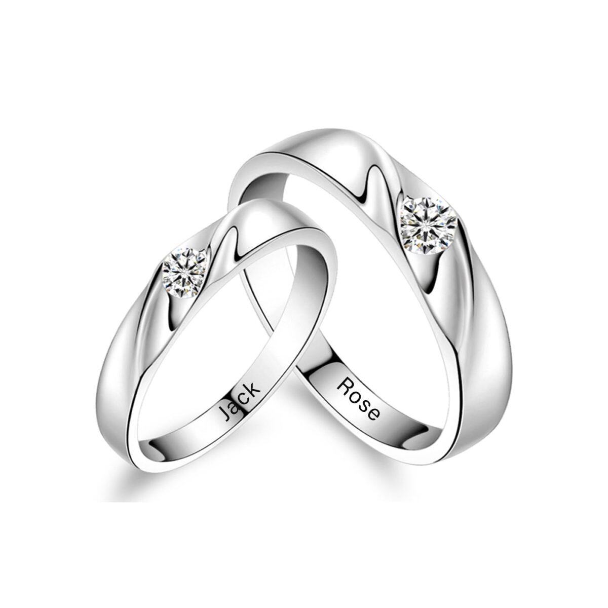 Sterling Silver Round Zircon Personalized Engraving & Couple Couple Rings-1