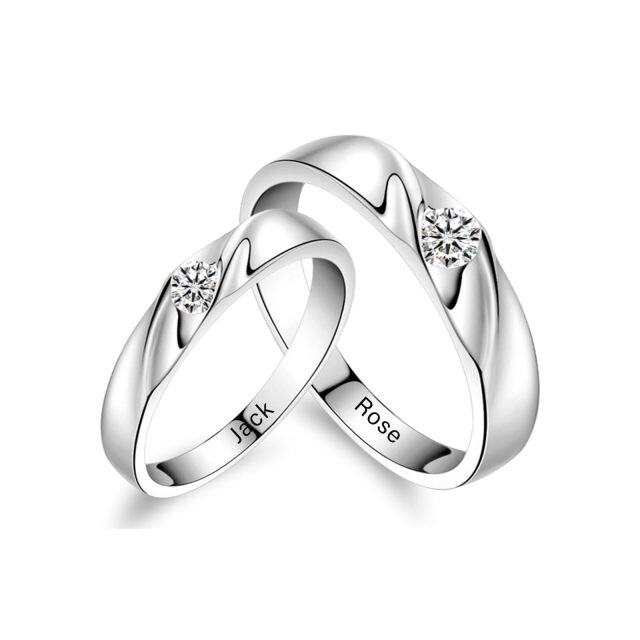 Bagues en argent sterling avec zircon rond, gravure personnalisée et couple-0