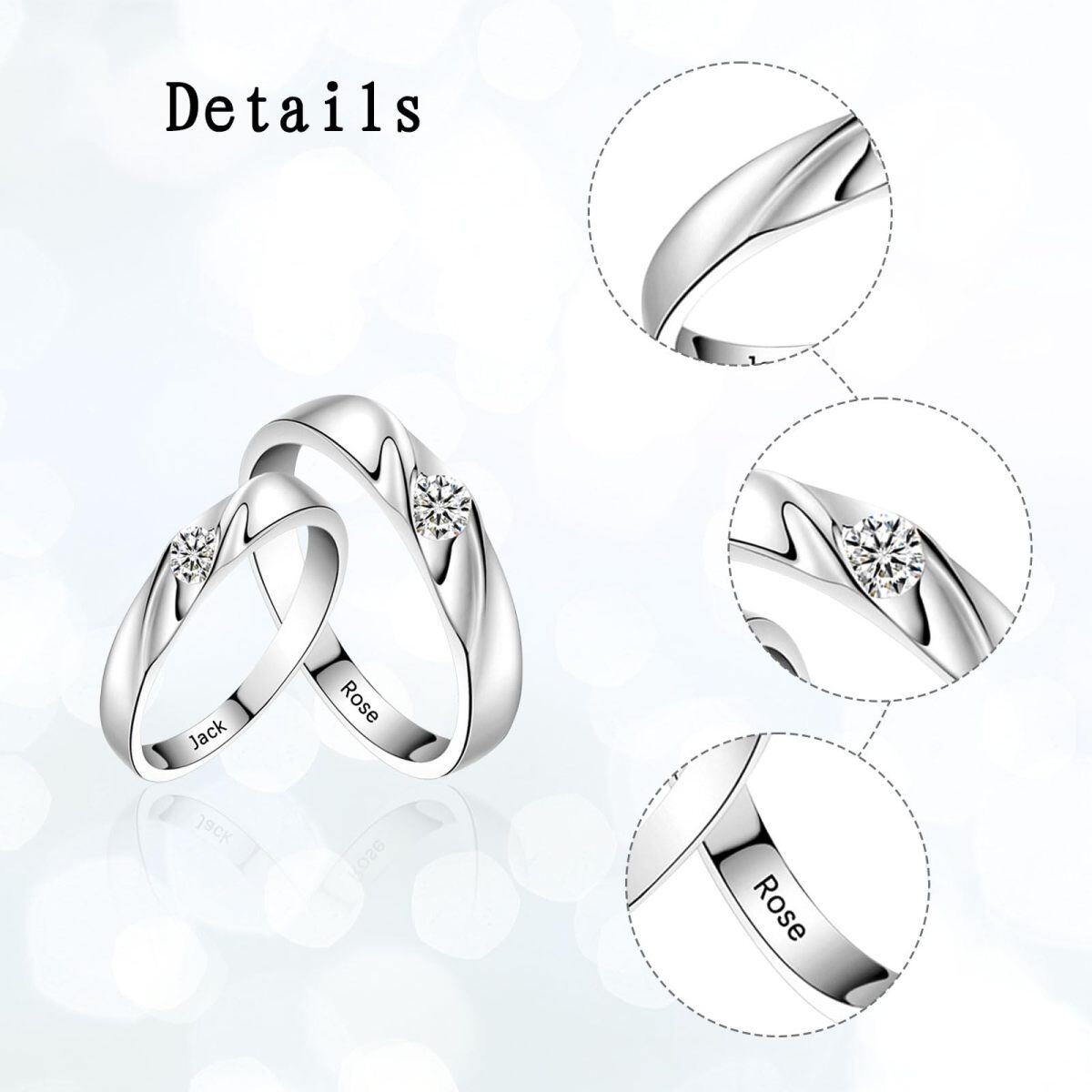 Sterling Silver Round Zircon Personalized Engraving & Couple Couple Rings-4