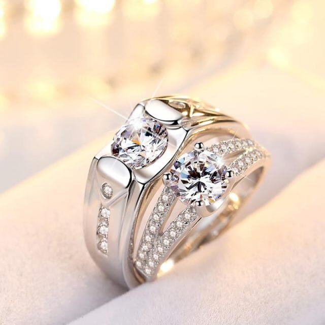 Prata esterlina Moissanite Gravação personalizada e anéis de casal para casais-3