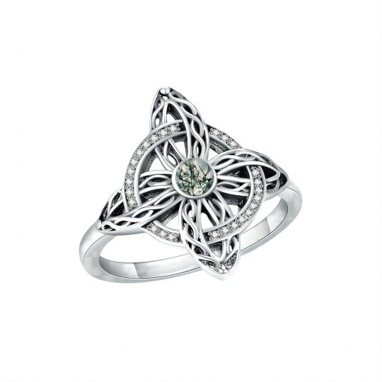 Sterling Silver Cubic Zirconia & Moss Agate Celtic Knot Ring