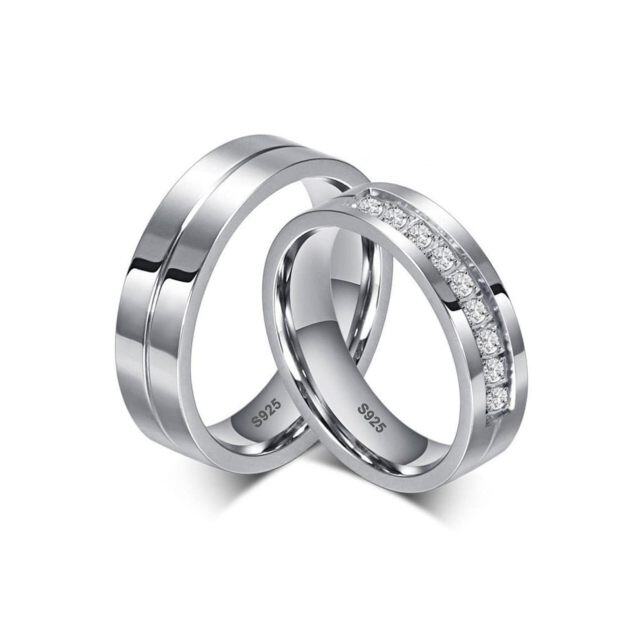 Anéis de casal em prata esterlina com moissanite redonda-5