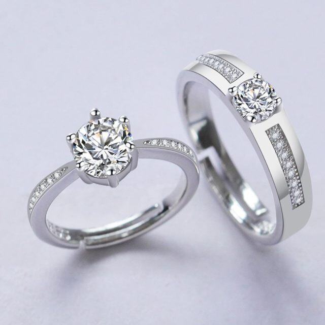 Sterling Silver Round Zircon Couple Couple Rings-2