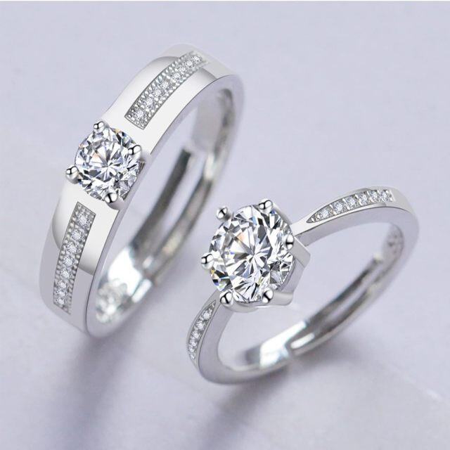 Sterling Silver Round Zircon Couple Couple Rings-3