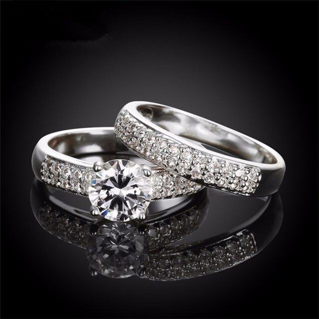 Sterling Silver Round Zircon Couple Couple Rings-2