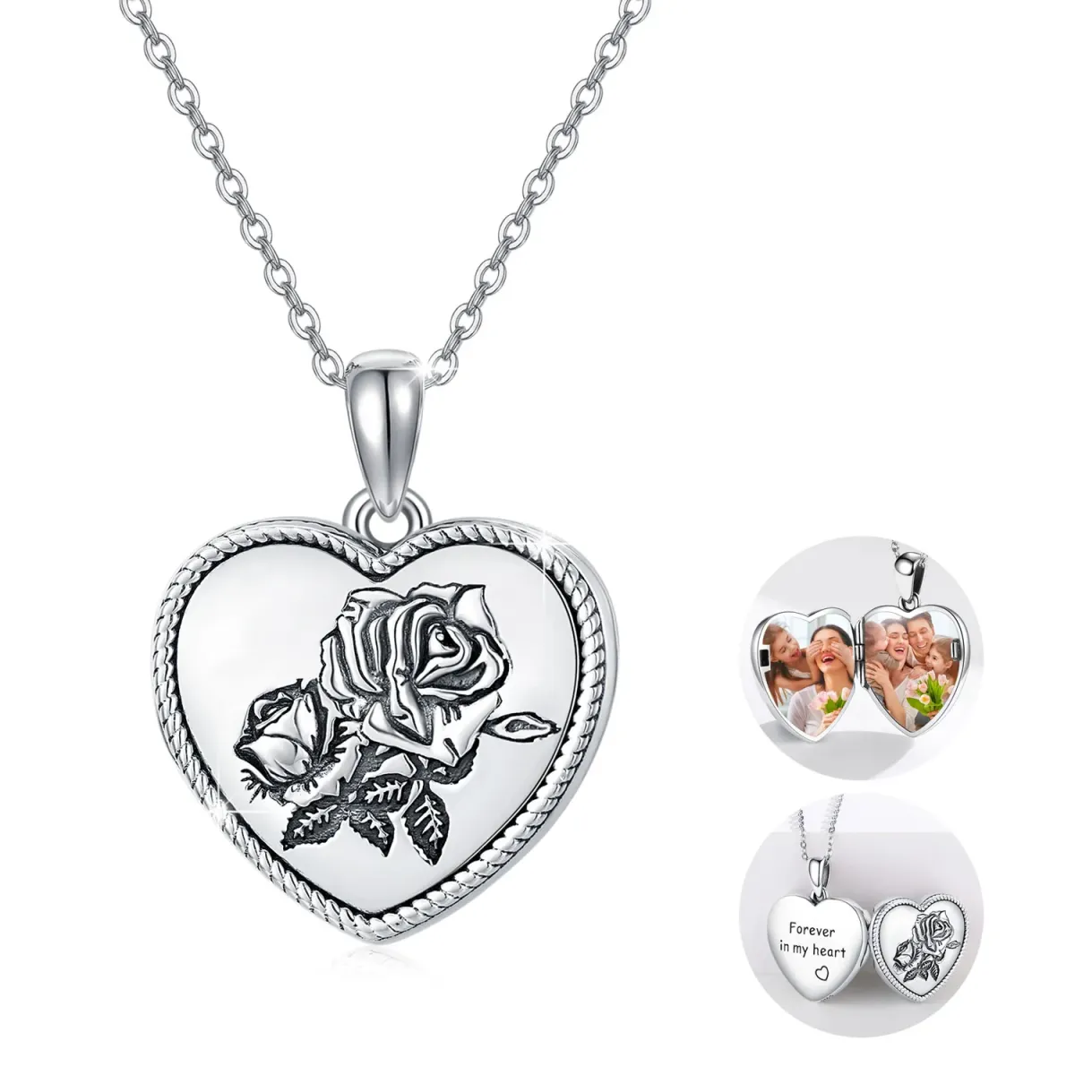 Sterling Silver Rose & Heart Personalized Photo Locket Necklace Engraving Forever in My Heart-1