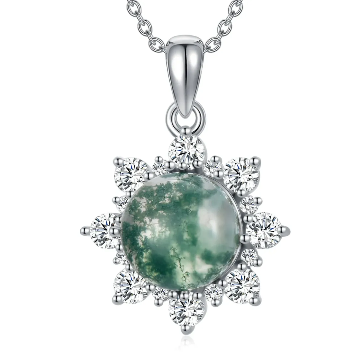 Sterling Silver Circular Shaped Moss Agate Round Pendant Necklace-1