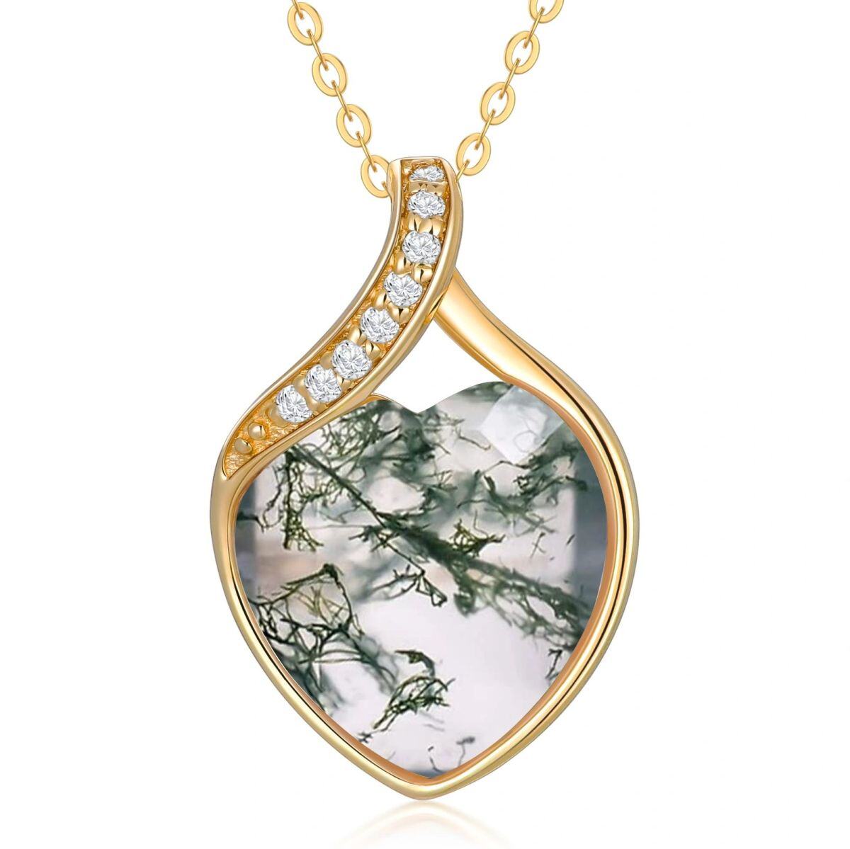 14K Gold Diamond & Moss Agate Heart Pendant Necklace-1